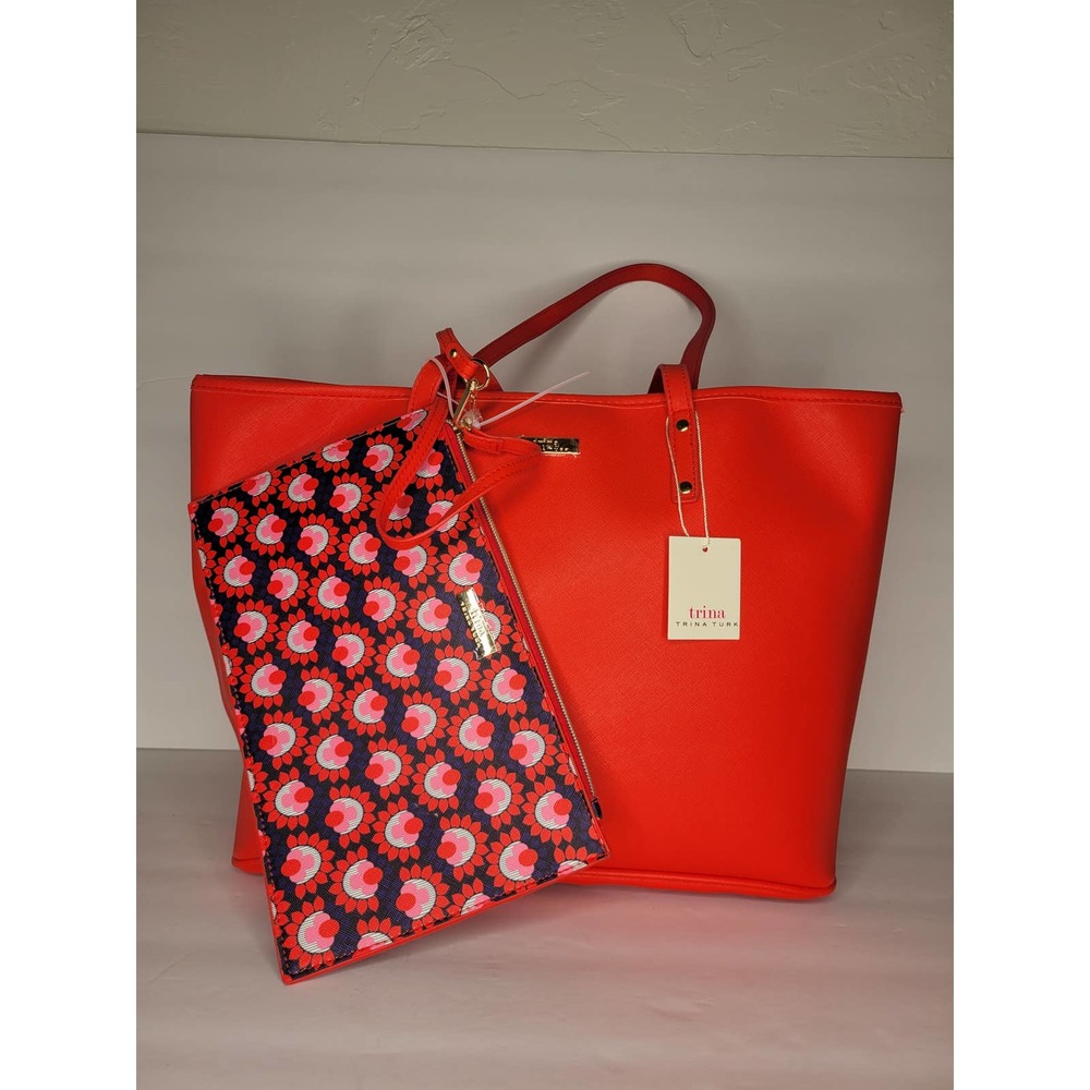 Trina Turk Orange Tote Bag with Fun Print Inside and Matching Pouch